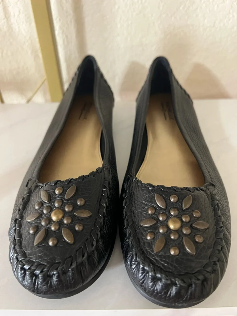 NEW Michele D Black Leather Stud Flower Moccasin Flats